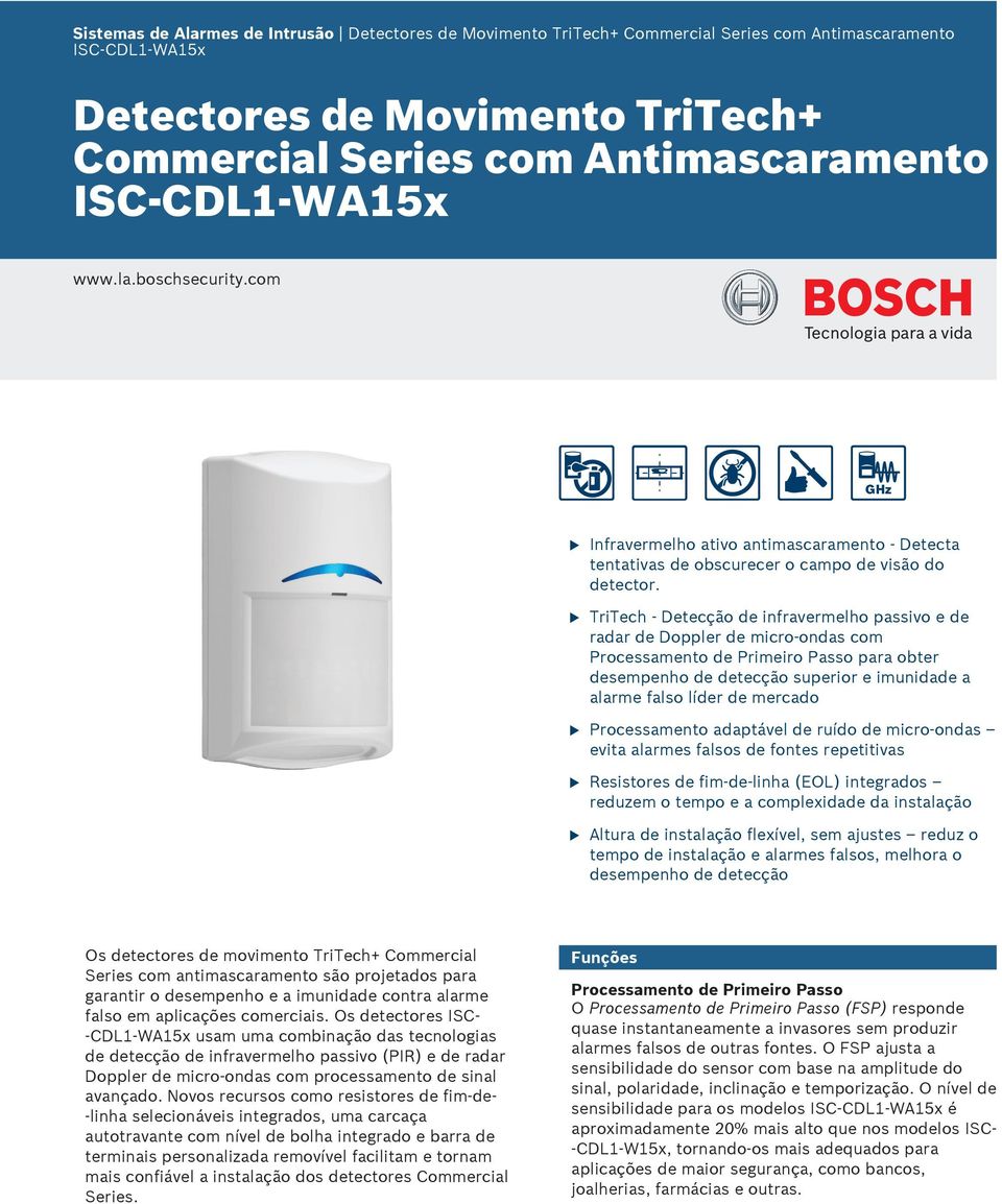 TriTech - Detecção de infravermelho passivo e de radar de Doppler de micro-ondas com Processamento de Primeiro Passo para obter desempenho de detecção sperior e imnidade a alarme falso líder de