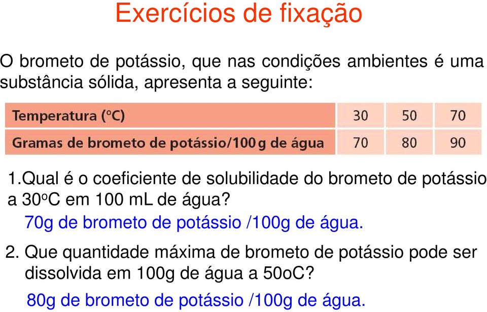 Qual é o coeficiente de solubilidade do brometo de potássio a 30 o C em 100 ml de água?