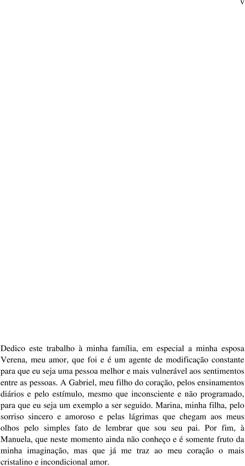 A Gabriel, meu filho do coração, pelos ensinamentos diários e pelo estímulo, mesmo que inconsciente e não programado, para que eu seja um exemplo a ser seguido.