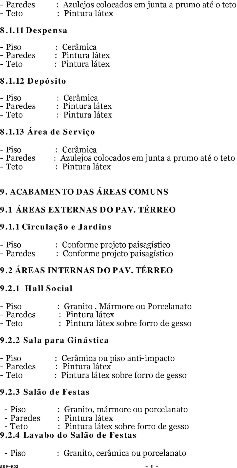 2.3 Salão de Festas : Granito, mármore ou porcelanato sobre forro de gesso 9.2.4 Lavabo do Salão de Festas : Granito, cerâmica ou porcelanato S89 R02-6 -