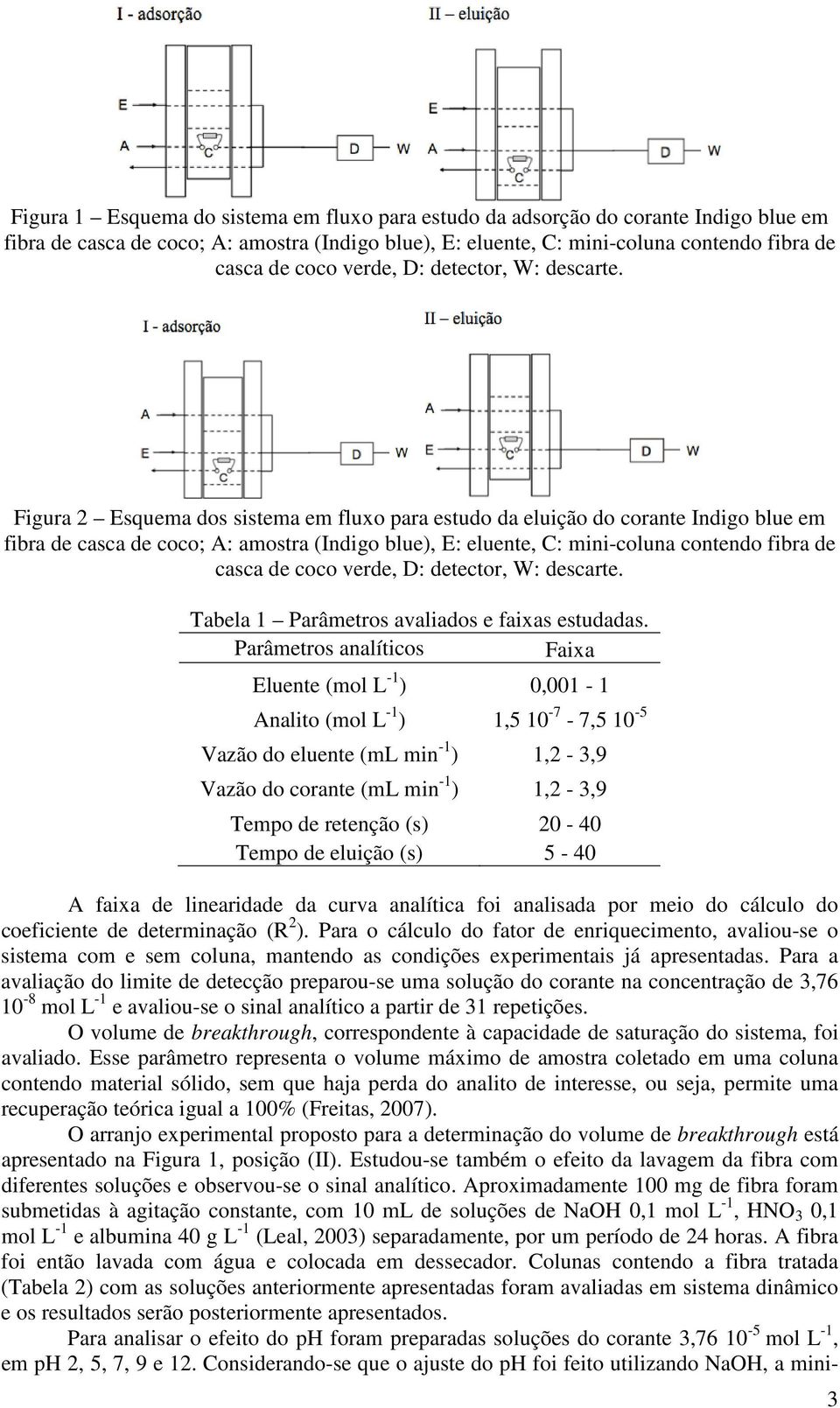 Figura 2 Esquema dos sistema em fluxo para estudo da eluição do corante Indigo blue em fibra de casca de coco; A: amostra (Indigo blue), E: eluente, C: mini-coluna contendo fibra de casca de coco 