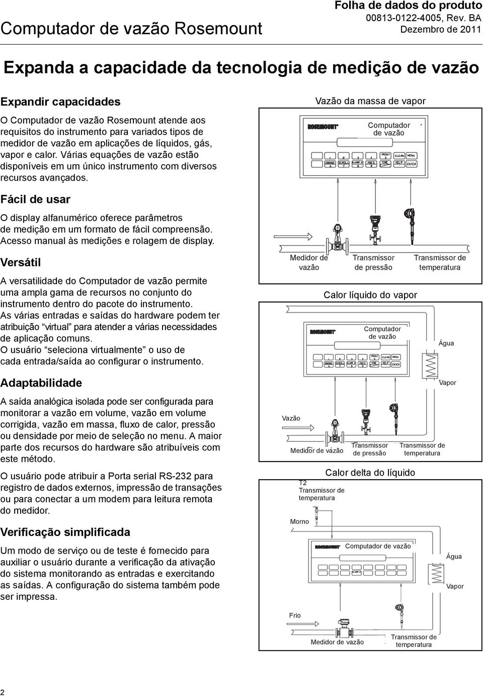 Vazão da massa de vapor Flow Computador Computer de vazão Fácil de usar O display alfanumérico oferece parâmetros de medição em um formato de fácil compreensão.