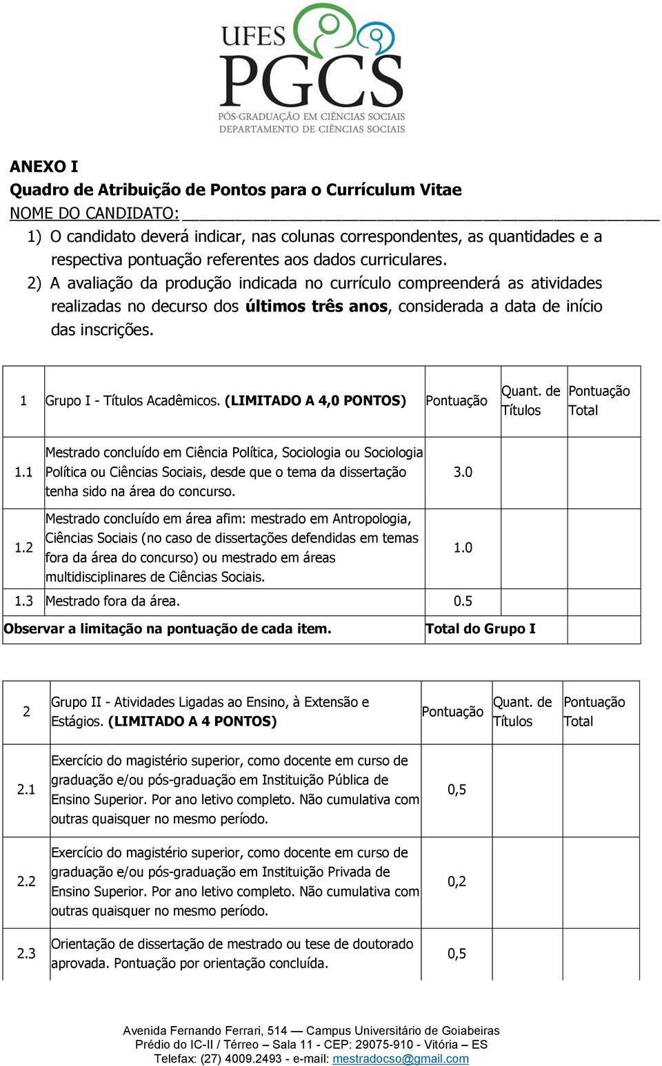 1 Grupo I - Títulos Acadêmicos. (LIMITADO A 4,0 PONTOS) Pontuação Quant. de Títulos Pontuação Total 1.1 1.