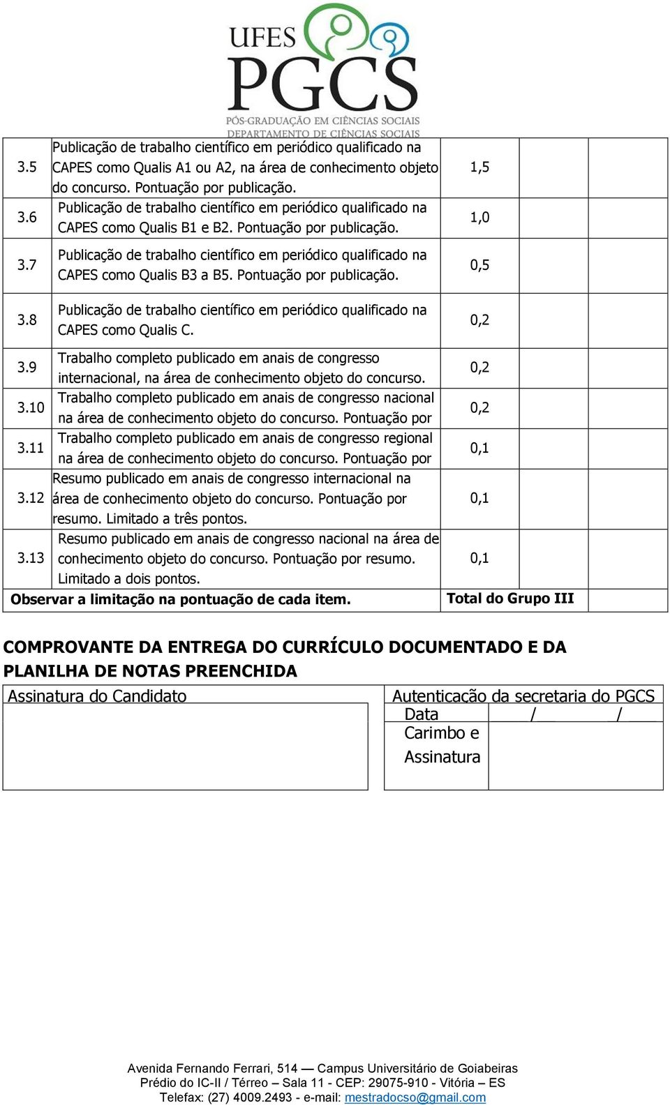 Publicação de trabalho científico em periódico qualificado na CAPES como Qualis B3 a B5. Pontuação por publicação. 1,5 1,0 0,5 3.