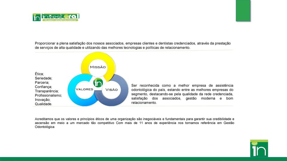 Ser reconhecida como a melhor empresa de assistência odontológica do país, estando entre as melhores empresas do segmento, destacando-se pela qualidade da rede credenciada, satisfação dos associados,