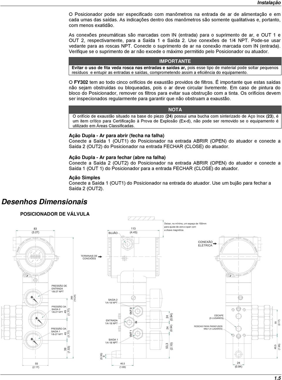 As conexões pneumáticas são marcadas com IN (entrada) para o suprimento de ar, e OUT 1 e OUT 2, respectivamente, para a Saída 1 e Saída 2. Use conexões de 1/4 NPT.