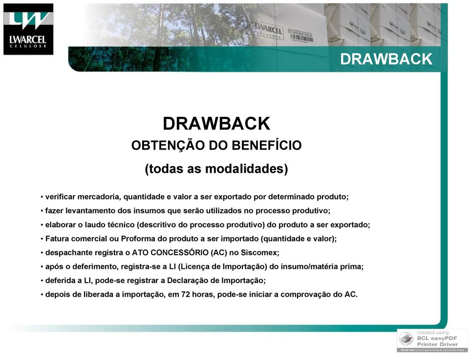 Proforma do produto a ser importado (quantidade e valor); despachante registra o ATO CONCESSÓRIO (AC) no Siscomex; após o deferimento, registra-se a LI (Licença de