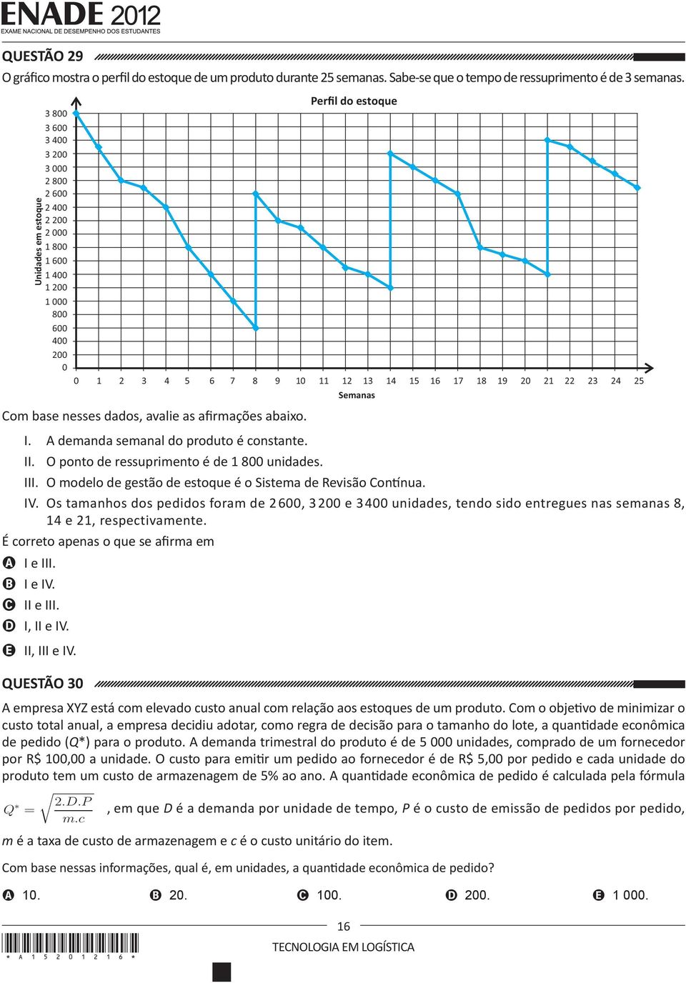 21 22 23 24 25 Semanas Com base nesses dados, avalie as afirmações abaixo. I. A demanda semanal do produto é constante. II. O ponto de ressuprimento é de 1 800 unidades. III.