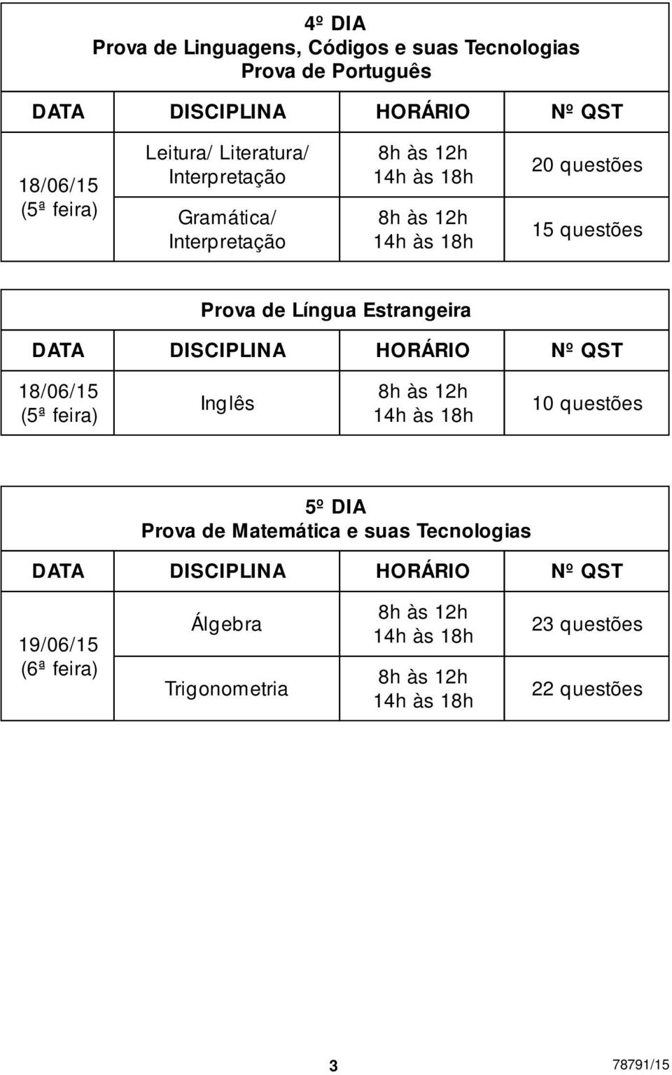 Estrangeira DATA DISCIPLINA HORÁRIO Nº QST 18/06/15 (5ª feira) Inglês 10 questões 5º DIA Prova de Matemática e