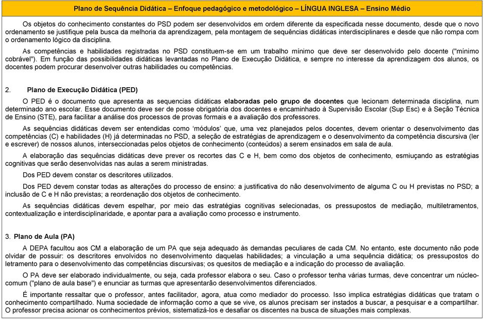 da disciplina. As competências e habilidades registradas no PSD constituem-se em um trabalho mínimo que deve ser desenvolvido pelo docente ("mínimo cobrável").