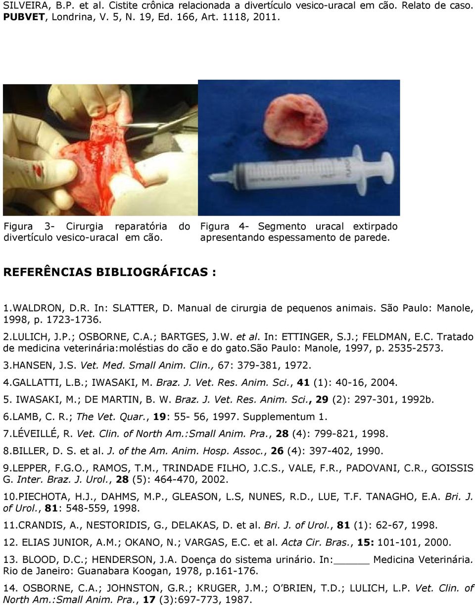 são Paulo: Manole, 1997, p. 2535-2573. 3.HANSEN, J.S. Vet. Med. Small Anim. Clin., 67: 379-381, 1972. 4.GALLATTI, L.B.; IWASAKI, M. Braz. J. Vet. Res. Anim. Sci., 41 (1): 40-16, 2004. 5. IWASAKI, M.; DE MARTIN, B.