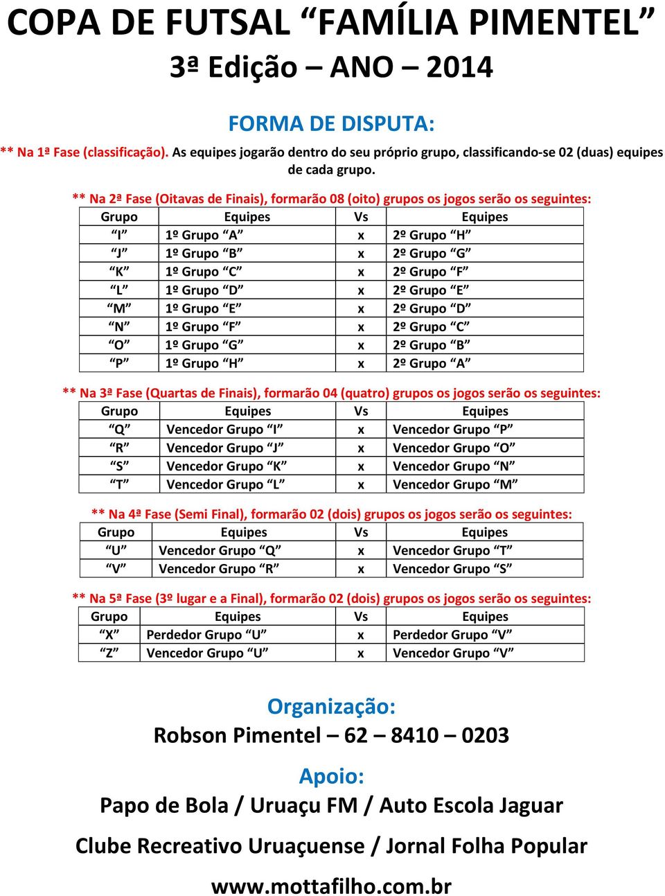 Grupo E x 2º Grupo D N 1º Grupo F x 2º Grupo C O 1º Grupo G x 2º Grupo B P 1º Grupo H x 2º Grupo A ** Na 3ª Fase (Quartas de Finais), formarão 04 (quatro) grupos os jogos serão os seguintes: Q