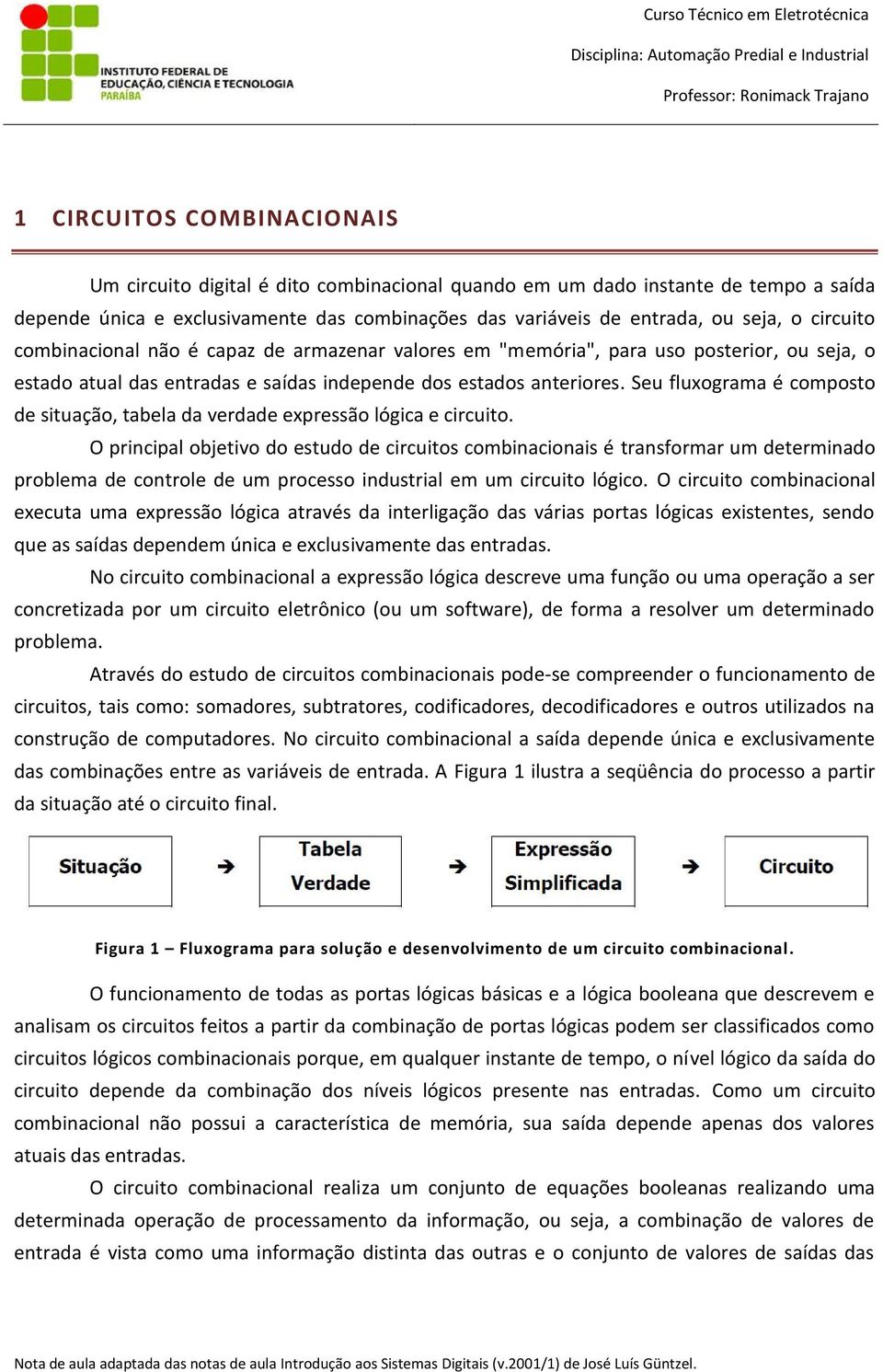 estado atual das entradas e saídas independe dos estados anteriores. Seu fluxograma é composto de situação, tabela da verdade expressão lógica e circuito.