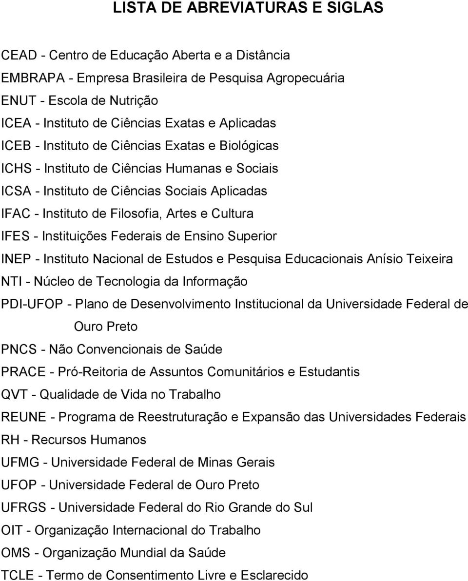 IFES - Instituições Federais de Ensino Superior INEP - Instituto Nacional de Estudos e Pesquisa Educacionais Anísio Teixeira NTI - Núcleo de Tecnologia da Informação PDI-UFOP - Plano de