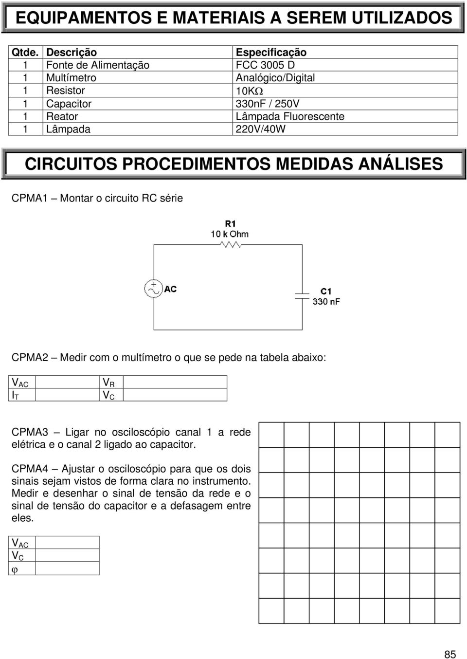 Lâmpada 220/40W CCUTOS OCEDMENTOS MEDDAS ANÁLSES CMA1 Montar o circuito C série CMA2 Medir com o multímetro o que se pede na tabela abaixo: AC T C CMA3 Ligar