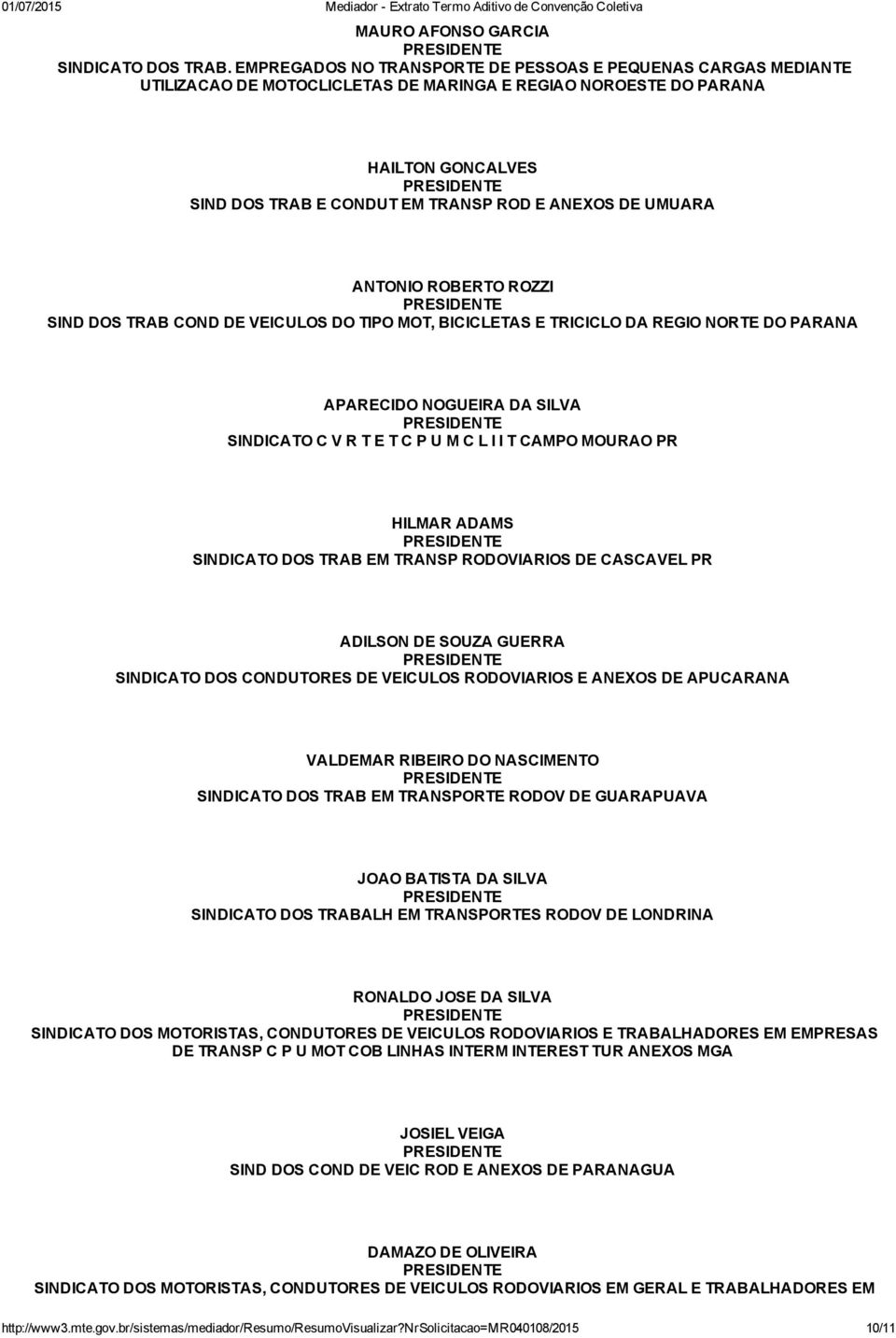 UMUARA ANTONIO ROBERTO ROZZI SIND DOS TRAB COND DE VEICULOS DO TIPO MOT, BICICLETAS E TRICICLO DA REGIO NORTE DO PARANA APARECIDO NOGUEIRA DA SILVA SINDICATO C V R T E T C P U M C L I I T CAMPO