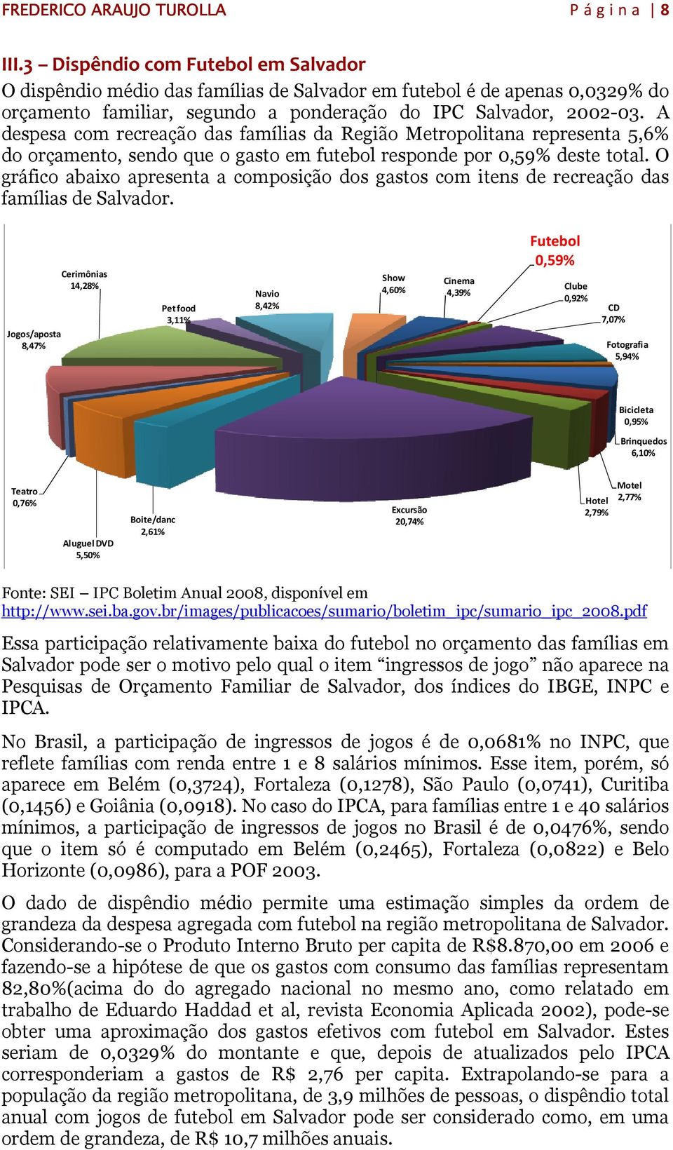 A despesa com recreação das famílias da Região Metropolitana representa 5,6% do orçamento, sendo que o gasto em futebol responde por 0,59% deste total.