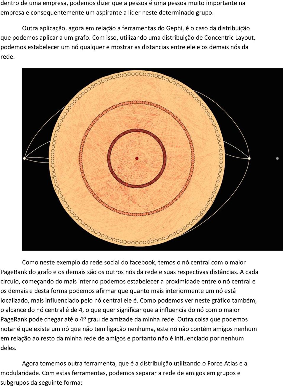 Com isso, utilizando uma distribuição de Concentric Layout, podemos estabelecer um nó qualquer e mostrar as distancias entre ele e os demais nós da rede.