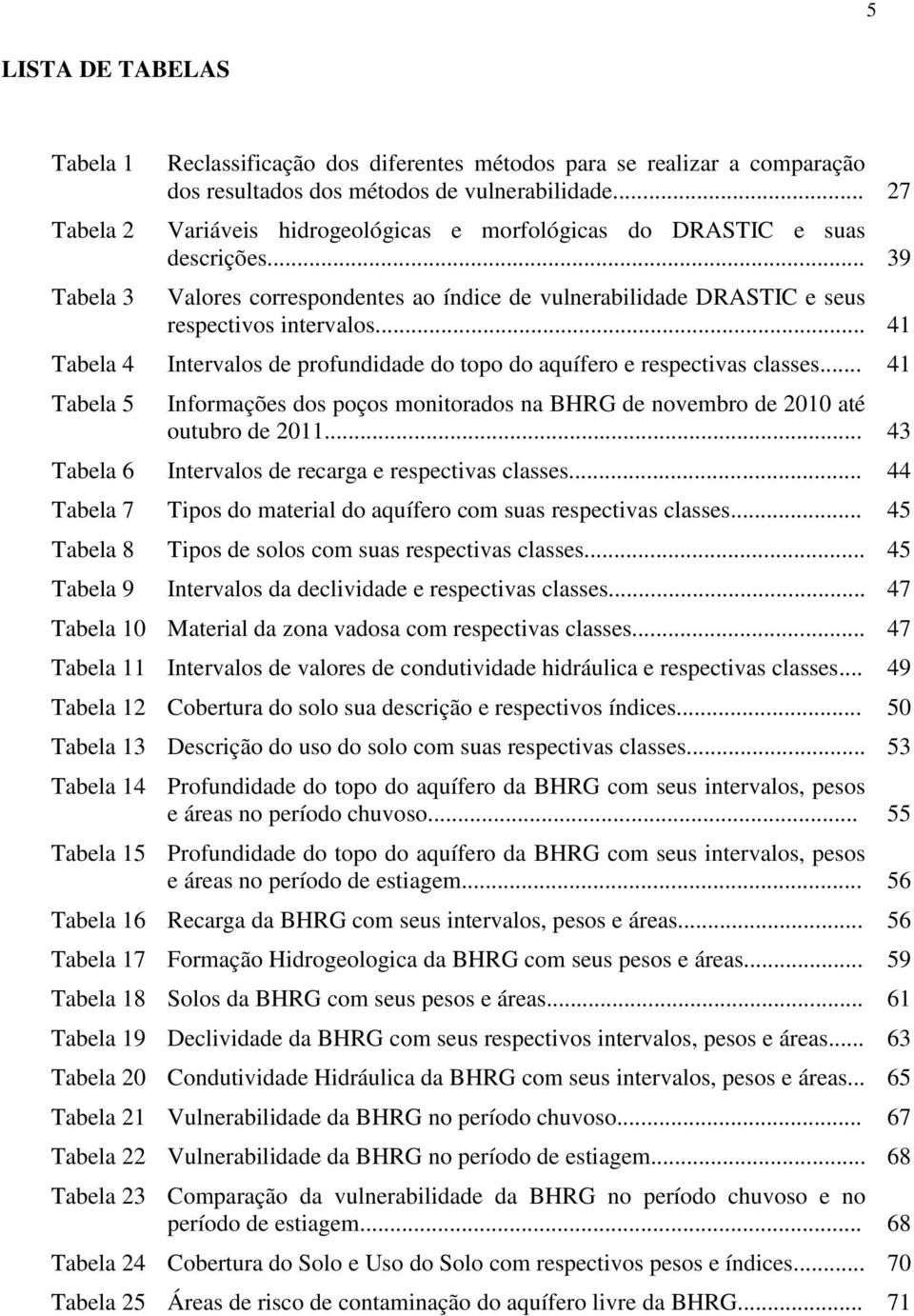 .. 41 Tabela 4 Intervalos de profundidade do topo do aquífero e respectivas classes... 41 Tabela 5 Informações dos poços monitorados na BHRG de novembro de 2010 até outubro de 2011.