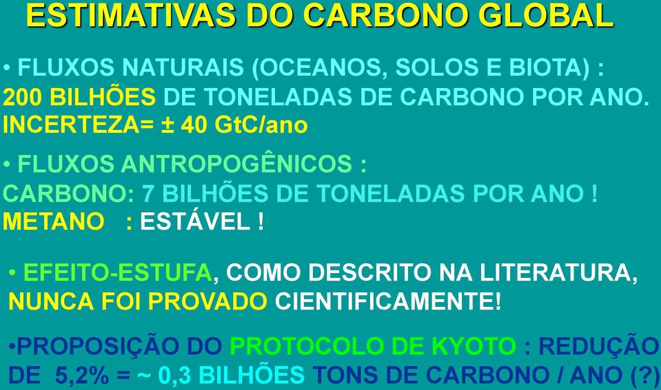 INCERTEZA= ± 40 GtC/ano FLUXOS ANTROPOGÊNICOS : CARBONO: 7 BILHÕES DE TONELADAS POR ANO!