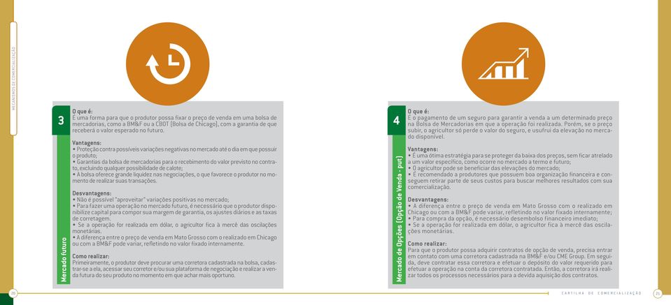 Vantagens: Proteção contra possíveis variações negativas no mercado até o dia em que possuir o produto; Garantias da bolsa de mercadorias para o recebimento do valor previsto no contrato, excluindo