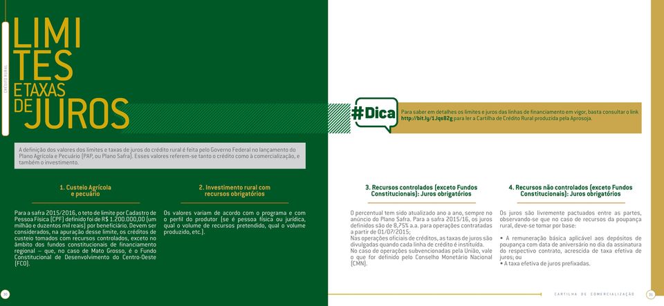 A definição dos valores dos limites e taxas de juros do crédito rural é feita pelo Governo Federal no lançamento do Plano Agrícola e Pecuário (PAP, ou Plano Safra).