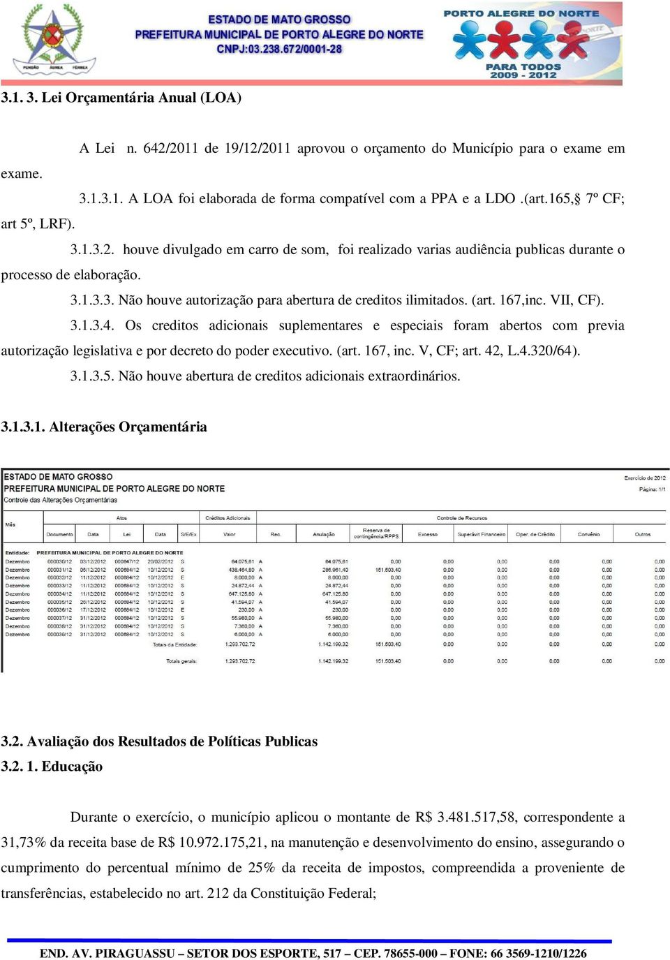 (art. 167,inc. VII, CF). 3.1.3.4. Os creditos adicionais suplementares e especiais foram abertos com previa autorização legislativa e por decreto do poder executivo. (art. 167, inc. V, CF; art. 42, L.