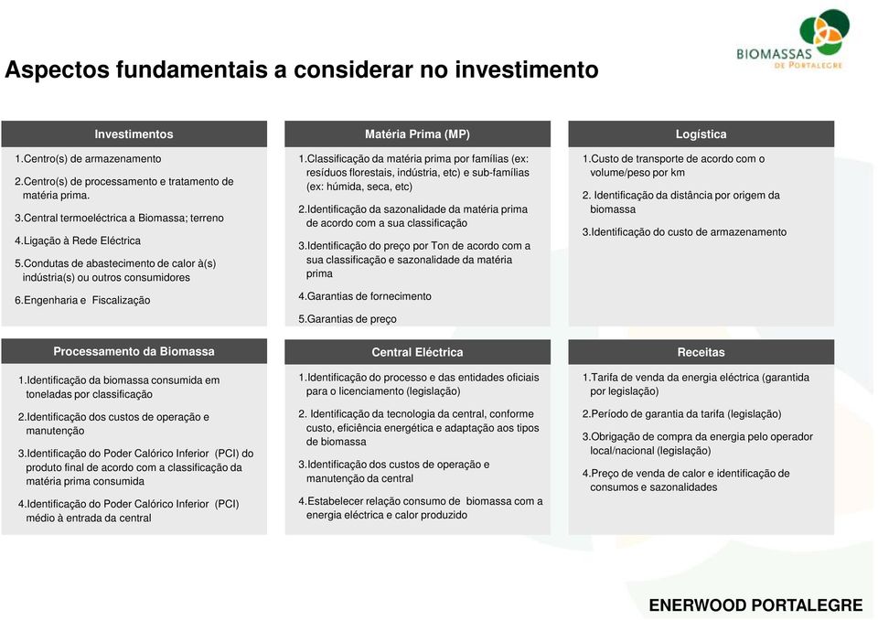 Classificação da matéria prima por famílias (ex: resíduos florestais, indústria, etc) e sub-famílias (ex: húmida, seca, etc) 2.