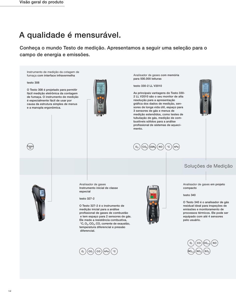 O instrumento de medição é especialmente fácil de usar por causa da estrutura simples de menus e a manopla ergonômica. Analisador de gases com memória para 500.