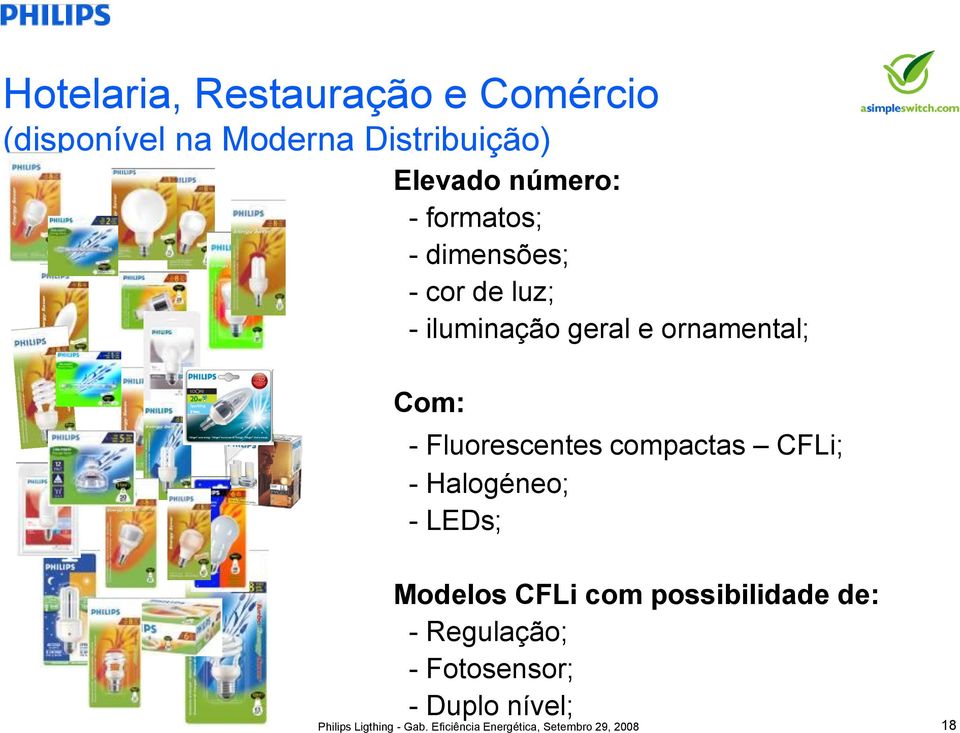 compactas CFLi; - Halogéneo; - LEDs; Modelos CFLi com possibilidade de: - Regulação; -