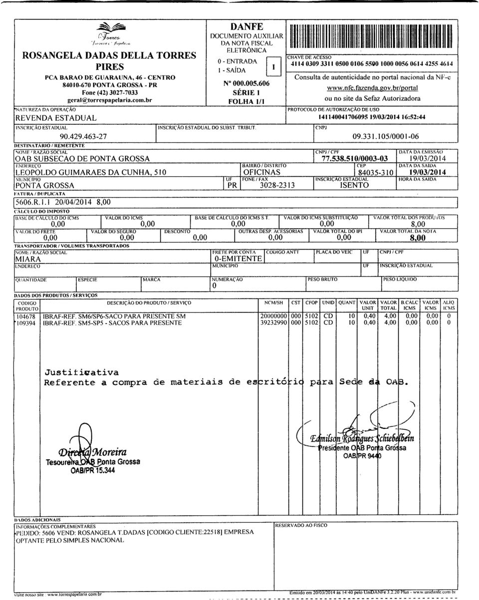 NDEREÇO BARRO / DSTRTO CEP DATA DA SAlDA LEOPOLDO GUMARAES DA CUNHA, 510 OFCNAS 84035-310 19/0312014.