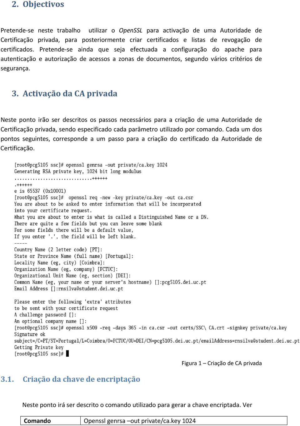 Activação da CA privada Neste ponto irão ser descritos os passos necessários para a criação de uma Autoridade de Certificação privada, sendo especificado cada parâmetro utilizado por comando.