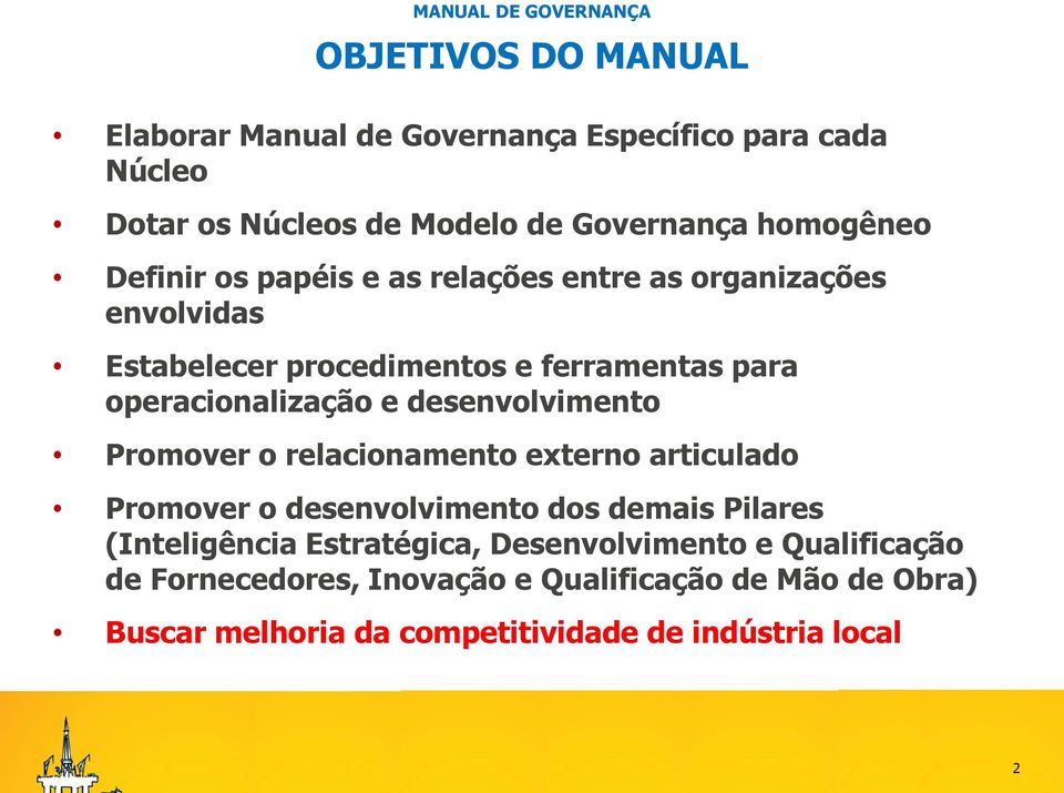 desenvolvimento Promover o relacionamento externo articulado Promover o desenvolvimento dos demais Pilares (Inteligência Estratégica,