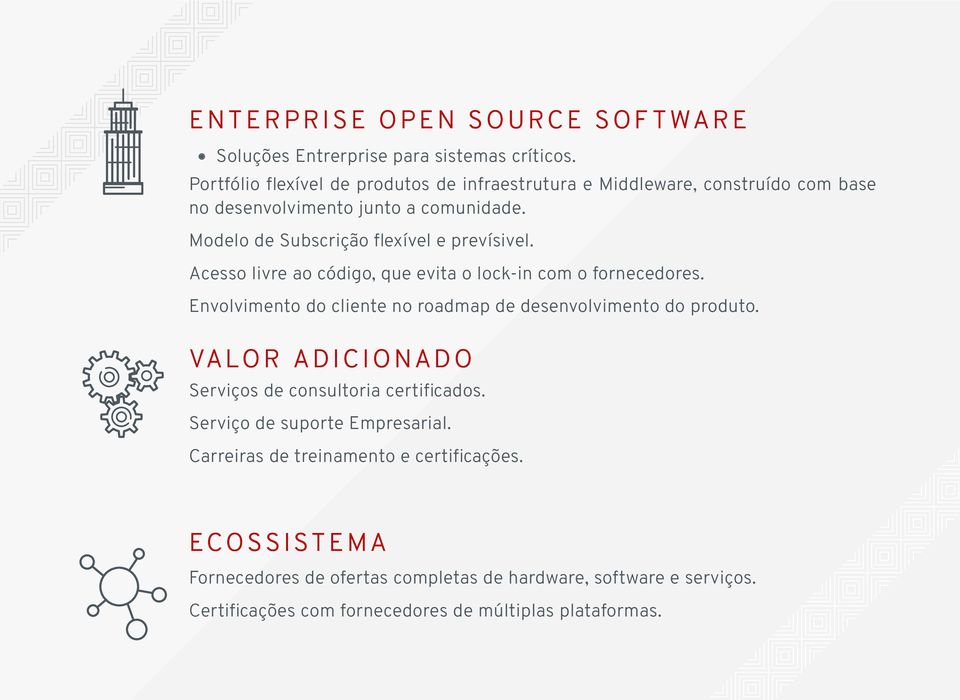 Modelo de Subscrição flexível e prevísivel. Acesso livre ao código, que evita o lock-in com o fornecedores.