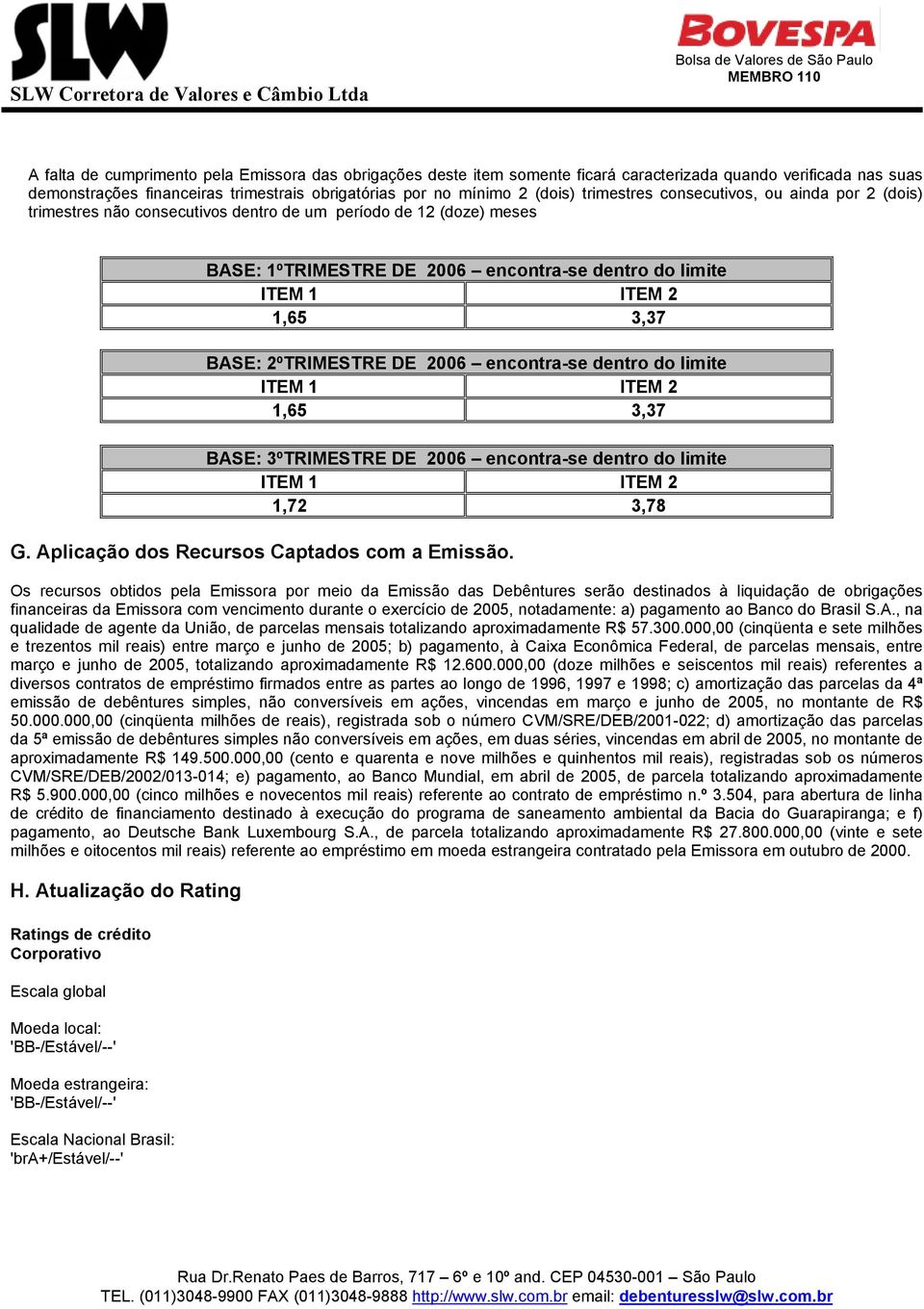 2ºTRIMESTRE DE 2006 encontra-se dentro do limite ITEM 1 ITEM 2 1,65 3,37 BASE: 3ºTRIMESTRE DE 2006 encontra-se dentro do limite ITEM 1 ITEM 2 1,72 3,78 G.