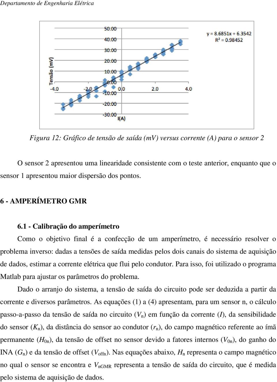 1 - Calibração do amperímetro Como o objetivo final é a confecção de um amperímetro, é necessário resolver o problema inverso: dadas a tensões de saída medidas pelos dois canais do sistema de