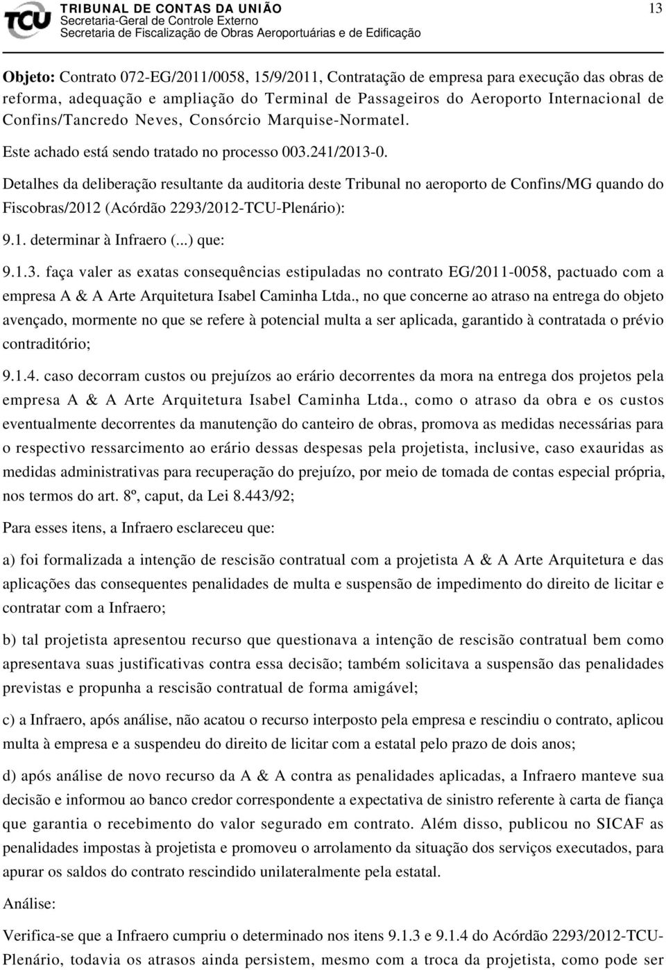 Detalhes da deliberação resultante da auditoria deste Tribunal no aeroporto de Confins/MG quando do Fiscobras/2012 (Acórdão 2293/