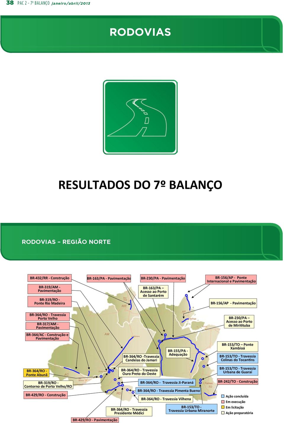 317/AM - Pavimentação BR- 230/PA Acesso ao Porto de Miri`tuba BR- 364/AC - Construção e Pavimentação BR- 364/RO - Travessia Candeias do Jamari BR- 155/PA - Adequação BR- 153/TO Ponte Xambioá BR-