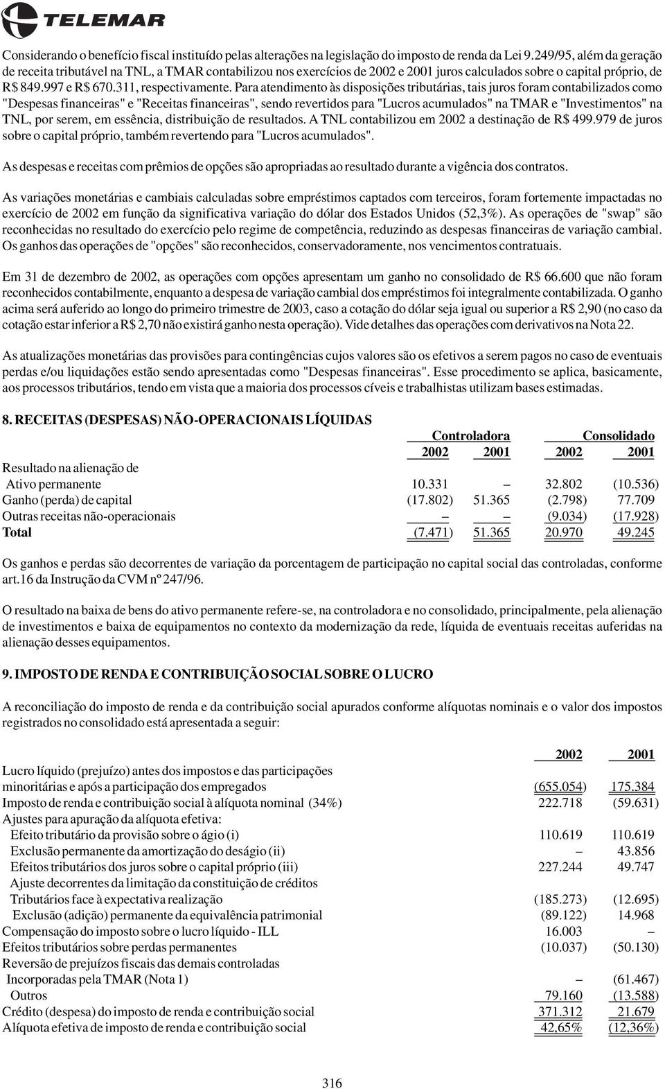 Para atendimento às disposições tributárias, tais juros foram contabilizados como "Despesas financeiras" e "Receitas financeiras", sendo revertidos para "Lucros acumulados" na TMAR e "Investimentos"