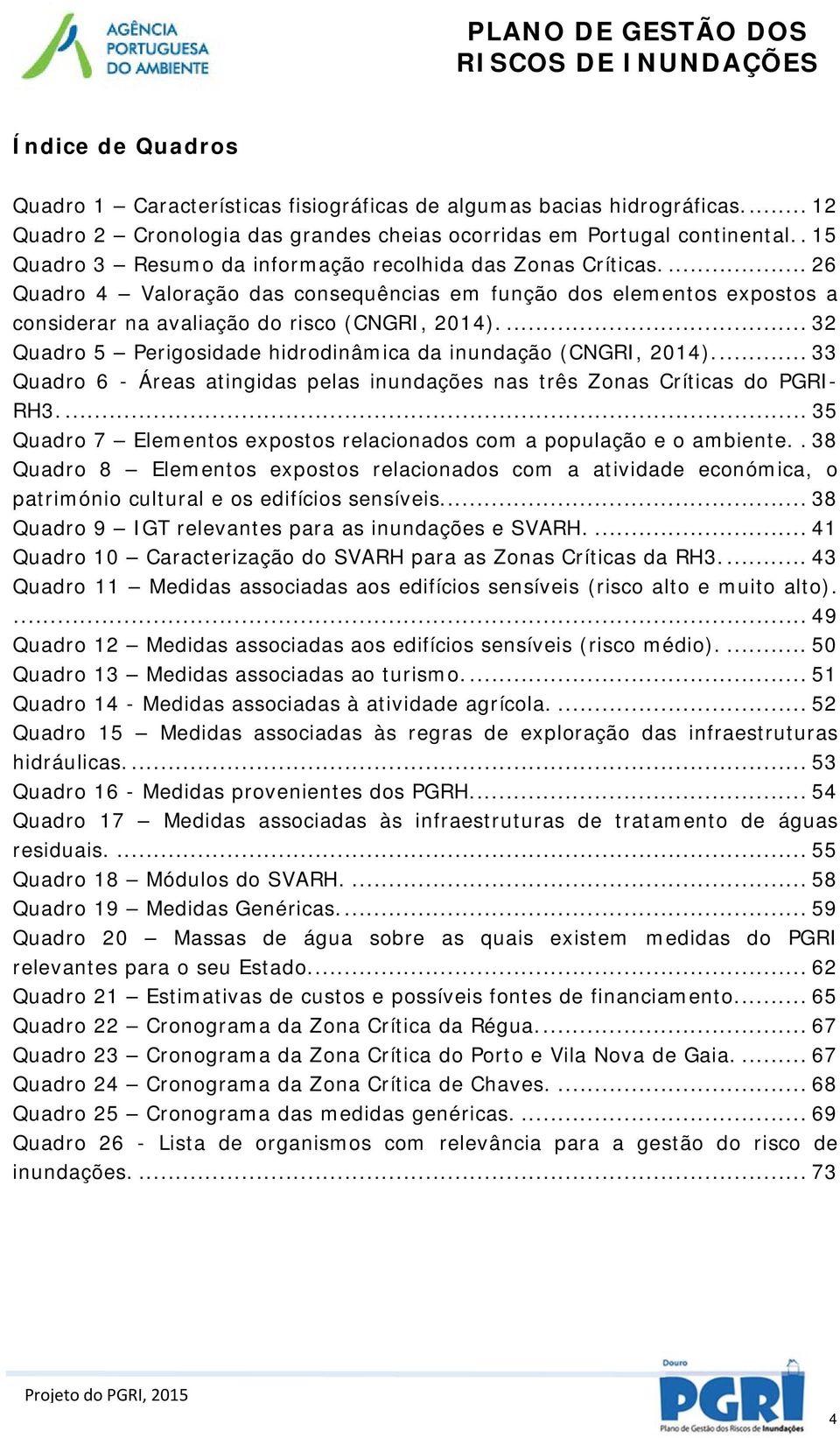 ... 32 Quadro 5 Perigosidade hidrodinâmica da inundação (CNGRI, 2014).... 33 Quadro 6 - Áreas atingidas pelas inundações nas três Zonas Críticas do PGRI- RH3.