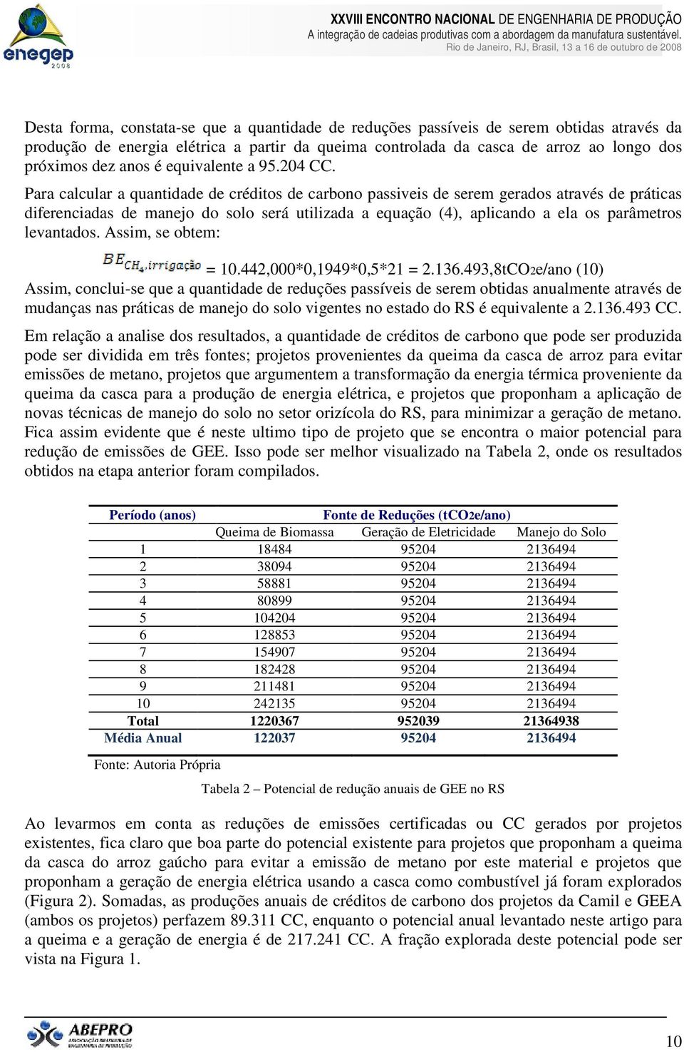 Para calcular a quantidade de créditos de carbono passiveis de serem gerados através de práticas diferenciadas de manejo do solo será utilizada a equação (4), aplicando a ela os parâmetros levantados.