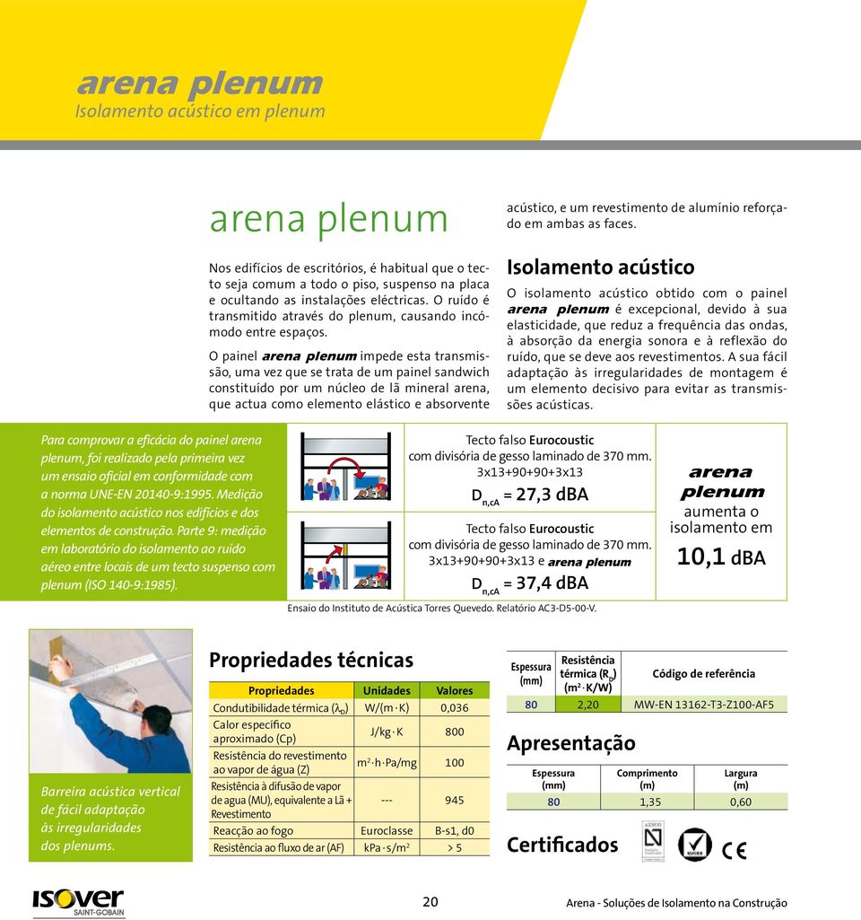 O painel arena plenum impede esta transmissão, uma vez que se trata de um painel sandwich constituído por um núcleo de lã mineral arena, que actua como elemento elástico e absorvente acústico, e um