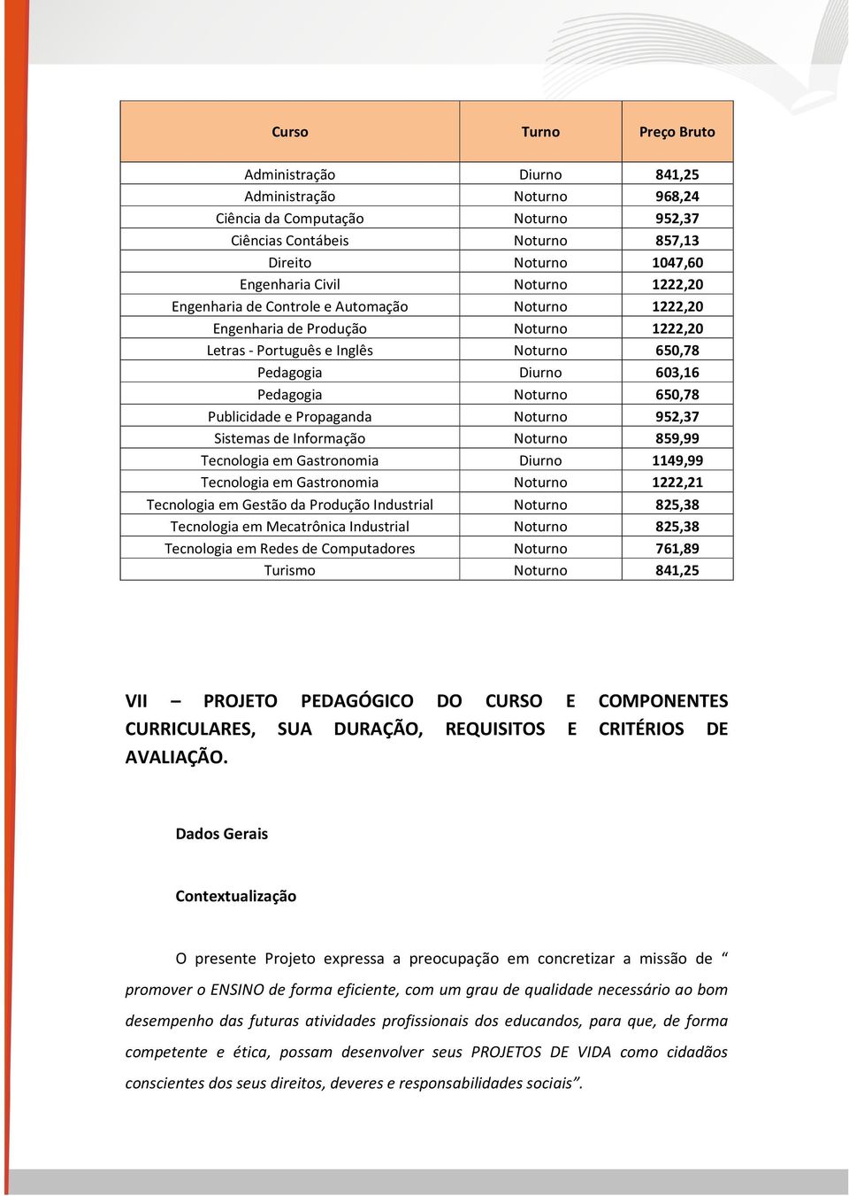 Publicidade e Propaganda Noturno 952,37 Sistemas de Informação Noturno 859,99 Tecnologia em Gastronomia Diurno 1149,99 Tecnologia em Gastronomia Noturno 1222,21 Tecnologia em Gestão da Produção