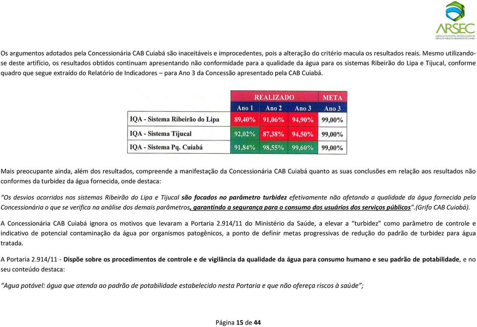 extraído do Relatório de Indicadores para Ano 3 da Concessão apresentado pela CAB Cuiabá.