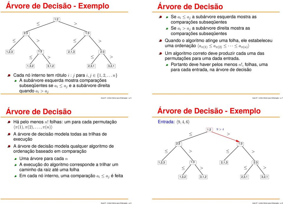 5 Árvore de Decisão Se a i a j a subárvore esquerda mostra as comparações subseqüentes Se a i a j a subárvore direita mostra as comparações subseqüentes Quando o algoritmo atinge uma folha, ele