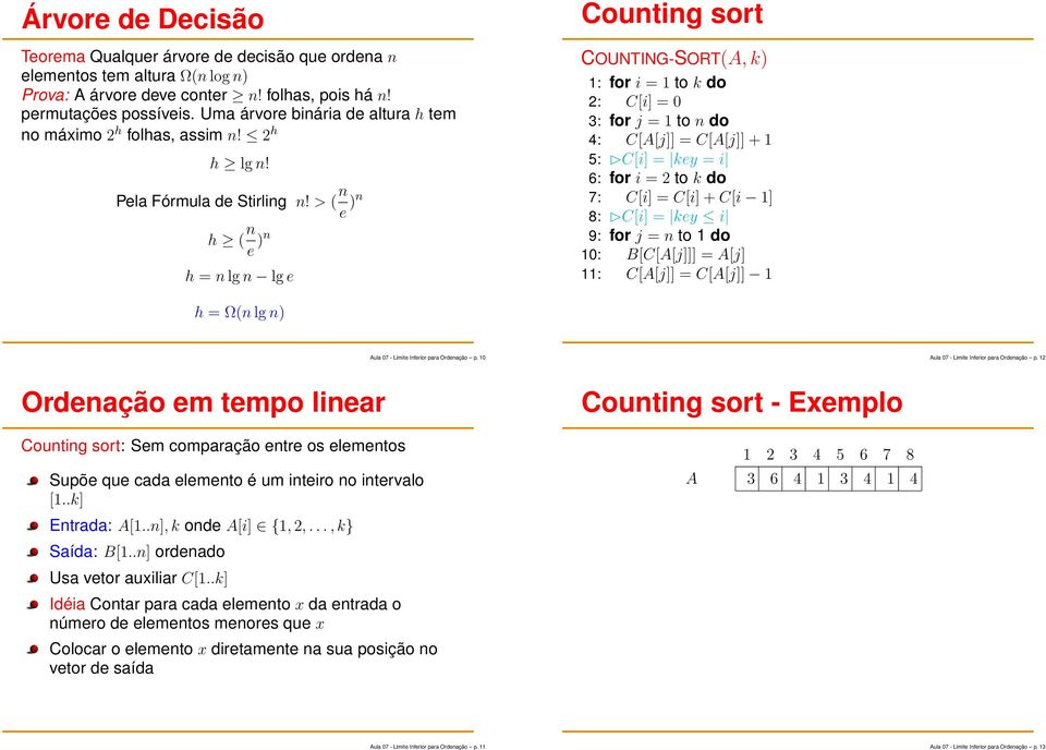 ( n e )n h ( n e )n h = n lg n lg e Counting sort COUNTING-SORT(A, k) 1:for i = 1 to kdo 2: C[i] = 0 3:for j = 1 to ndo 4: C[A[j]] = C[A[j]] + 1 5: C[i] = key = i 6:for i = 2 to kdo 7: C[i] = C[i] +