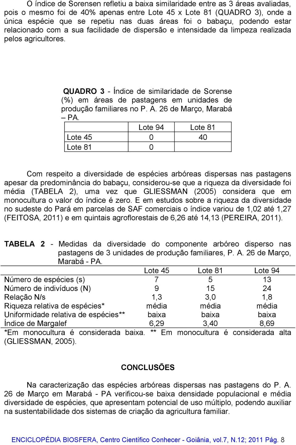 QUADRO 3 - Índice de similaridade de Sorense (%) em áreas de pastagens em unidades de produção familiares no P. A. 26 de Março, Marabá PA.
