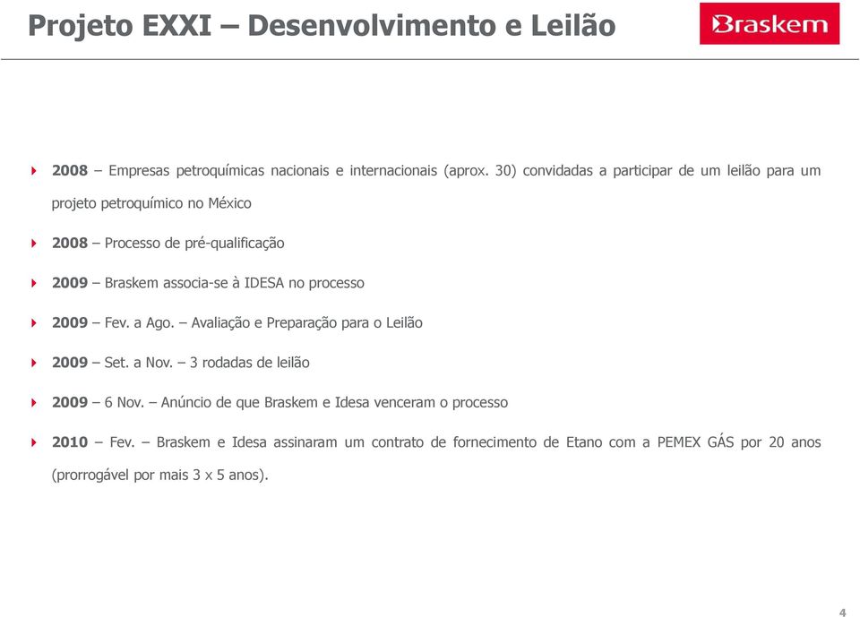 à IDESA no processo 2009 Fev. a Ago. Avaliação e Preparação para o Leilão 2009 Set. a Nov. 3 rodadas de leilão 2009 6 Nov.