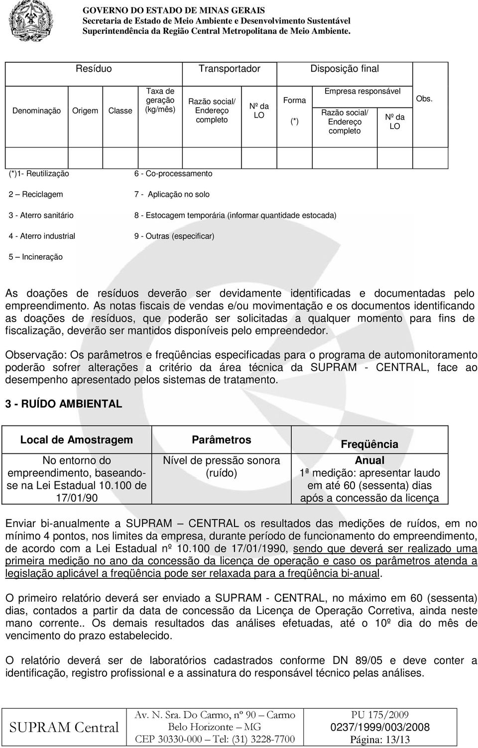 (*)1- Reutilização 6 - Co-processamento 2 Reciclagem 7 - Aplicação no solo 3 - Aterro sanitário 8 - Estocagem temporária (informar quantidade estocada) 4 - Aterro industrial 9 - Outras (especificar)