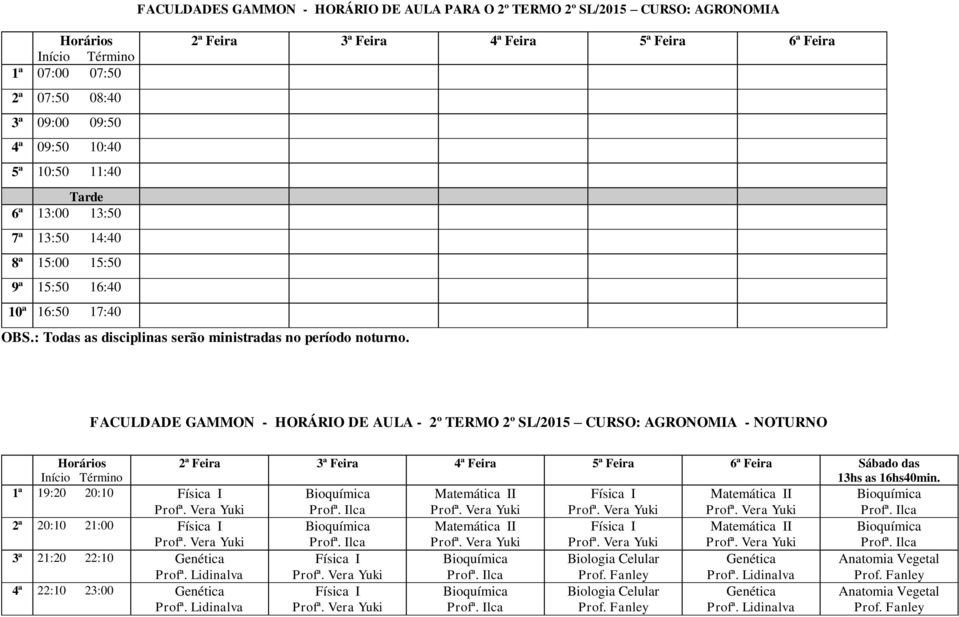 FACULDADE GAMMON - HORÁRIO DE AULA - 2º TERMO 2º SL/2015 CURSO: AGRONOMIA - NOTURNO 1ª 19:20 20:10 Física I Matemática II Física I Matemática II 2ª 20:10